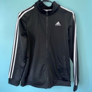 Adidas Full Zip Jogger sweatshirt Boys L (14-16) Black w/ 3 White Arm Stripes